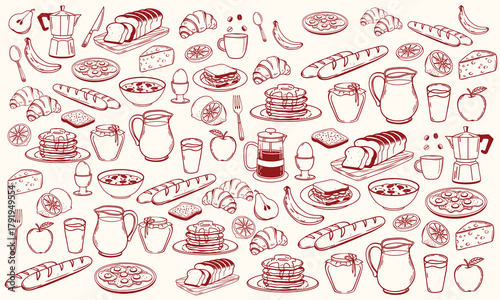 Hand drawn breakfast doodles set. Vector illustration of food and coffee icons in chalk, crayon drawing style for invitations, menus, parties. Minimalist line art. La dolce vita italian style