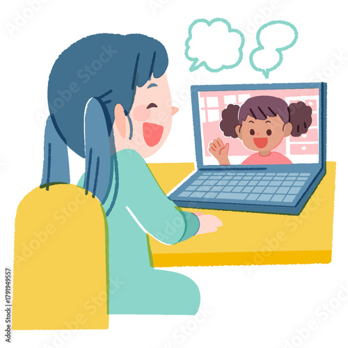 web通話で海外の友達と喋る小学生の女の子