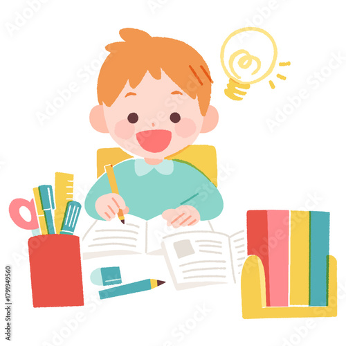家で勉強中、ひらめいた小学生の男の子