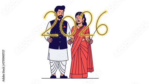 Wedding couple in traditional clothing: a couple celebrates their special event and future in a vibrant design, wearing traditional dress, the artwork brings to life the joy of togetherness.