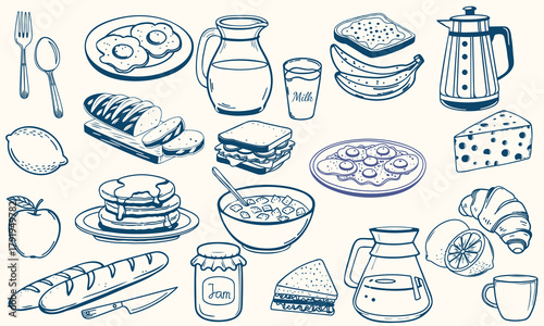 Hand drawn breakfast doodles set. Vector illustration of food and coffee icons in chalk, crayon drawing style for invitations, menus, parties. Minimalist line art. La dolce vita italian style