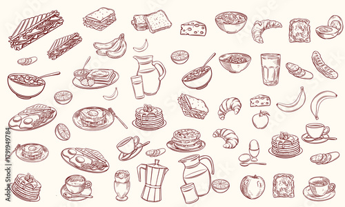 Hand drawn breakfast doodles set. Vector illustration of food and coffee icons in chalk, crayon drawing style for invitations, menus, parties. Minimalist line art. La dolce vita italian style