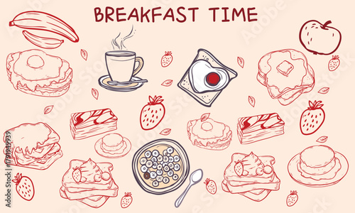 Hand drawn breakfast doodles set. Vector illustration of food and coffee icons in chalk, crayon drawing style for invitations, menus, parties. Minimalist line art. La dolce vita italian style