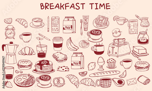 Hand drawn breakfast doodles set. Vector illustration of food and coffee icons in chalk, crayon drawing style for invitations, menus, parties. Minimalist line art. La dolce vita italian style