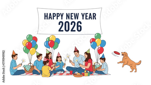 New Year Picnic Celebration: A family gathers for a festive picnic, lighting sparklers and celebrating the new year with balloons, joy, and the playful addition of a frisbee-catching dog.