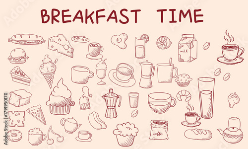 Hand drawn breakfast doodles set. Vector illustration of food and coffee icons in chalk, crayon drawing style for invitations, menus, parties. Minimalist line art. La dolce vita italian style