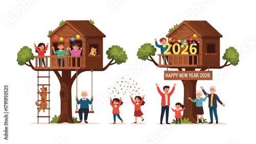 New Year's Celebration: A vibrant illustration depicts a joyful New Year's celebration centered around a charming treehouse. Families, filled with delight.