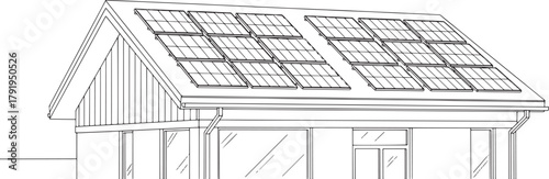 Eco-Friendly House with Solar Panels Line Art Illustration