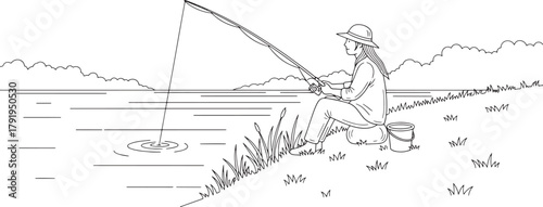 Line Art Vector Illustration of Person Fishing by River Bank in Nature