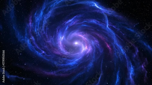 Abstract cosmic space background with dark blue night sky, glowing stars, and spiral galaxy nebula light illustration