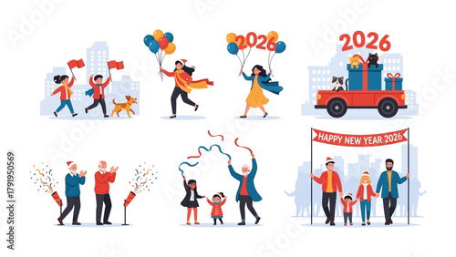 New Year's Celebrations 2026: Various scenes of New Year's celebrations in 2026, including people of all ages enjoying various activities. Capturing joy, togetherness, and festive spirit