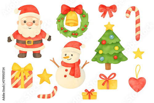 Watercolor Christmas Vector Illustrations for Kids on Transparent Background