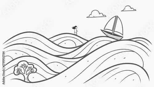Illustration of a woman standing on a hill watching a sailboat on the ocean with clouds and a tree