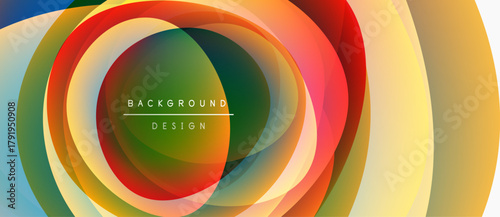 Abstract colorful layers create dynamic circular design. Gradient hues blend, forming vibrant visual experience. Modern aesthetic.