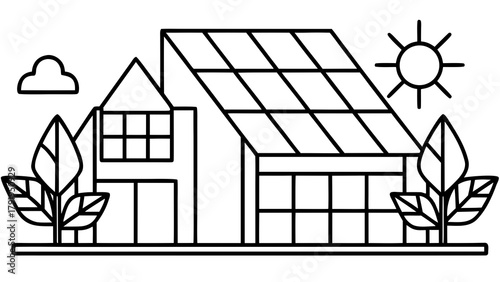 Illustration of a modern house with solar panels on the roof next to trees and a cloud and the sun shining