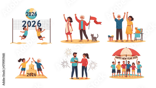 New Year Celebration Beach Scenes in 2026: The joyful collection of six scene new year at the beach in the year 2026. This vibrant illustration presents various elements of holiday season, beach.