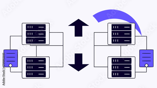 Illustration of data transfer between servers with arrows indicating direction of information flow