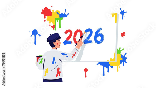 New Year Creative Vision: An artist paints the year 2026 on a pristine surface. Colorful paint splatters symbolize the vibrant future ahead.