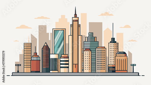 A cityscape illustration featuring various skyscrapers and buildings under a cloudy sky in a flat design style