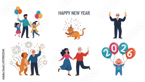 New Year Celebration Illustration: A colorful collage of joyful scenes heralds the New Year. Featuring families, animals, and celebratory elements.
