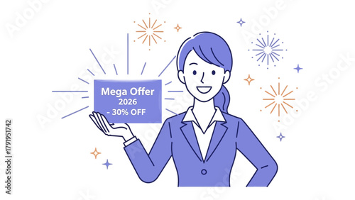 Mega Offer Presentation: A smiling professional presents a promotional card, illuminating a dazzling 'Mega Offer' with a significant discount, promising value and savings to the viewer.