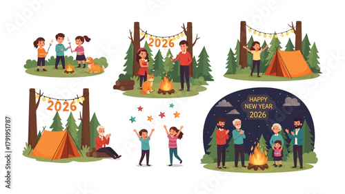 Camping Scene Illustration: Various scenes of families gathering around campfire with tent, trees and a clear night sky and celebrating new year.