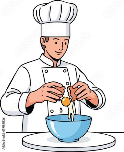 Chef Cracking Egg into Bowl Culinary Preparation in Kitchen