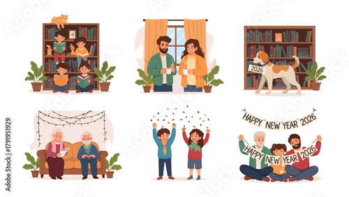 Happy Moments Collage: This image captures a series of heartwarming family moments, depicting scenes of togetherness and celebration. Scenes include reading, sharing, and embracing the new year. 