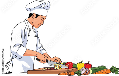 Chef Expertly Slicing Fresh Vegetables for a Delicious Meal Preparation