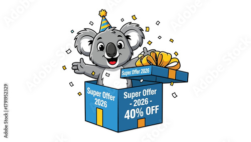Koala with a gift box for offer: A cheerful koala emerges from a gift box, celebrating a special discount offer. The scene is bright and cheerful, celebrating a promotional event or a special offer.