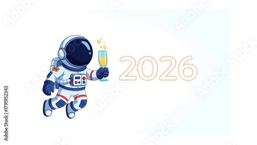 New Year's Cheers in Orbit: A cheerful astronaut floats gracefully in the expanse, toasting the arrival of 2026 with a glass of champagne in a futuristic celebration of a new era.