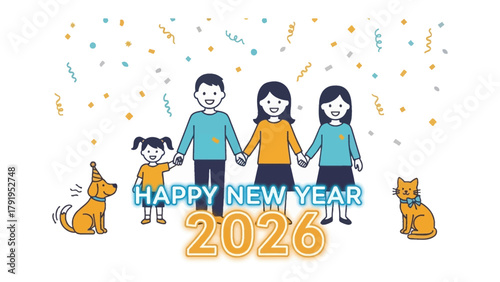 Family New Year Celebration: A family, holding hands, gathers to celebrate the New Year with pets and festive decorations, a symbol of togetherness and anticipation for the future. 