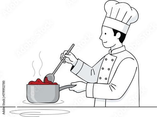 Chef stirring tomato sauce in a pan, culinary arts illustration for cooking, food preparation and recipe design
