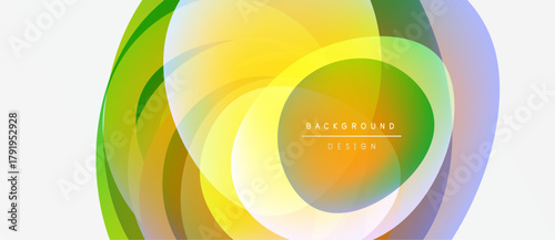 Abstract vibrant layers create circular design. Yellow, green, purple hues blend smoothly. Modern background element for projects.