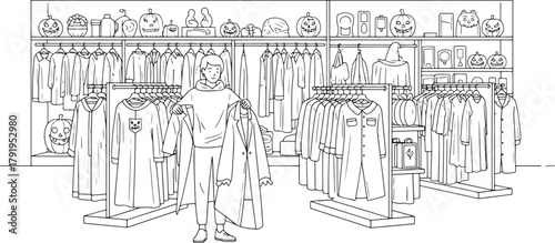 Man Shopping for Halloween Season Apparel in Clothing Store - Line Art Coloring Page