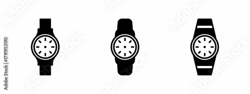 Vector illustration. Collection of watch. Watch vector icon set. Watch vector sign. Flat vector illustration of a black watch. Watch icon. Vector icon.	

