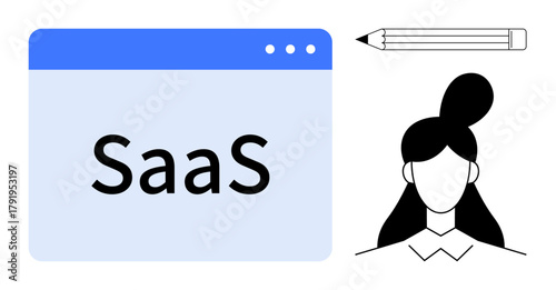 Browser window labeled SaaS, female avatar with bun hairstyle, pencil. Ideal for SaaS business, technology, software, innovation, creativity education modern design. Simple flat metaphor