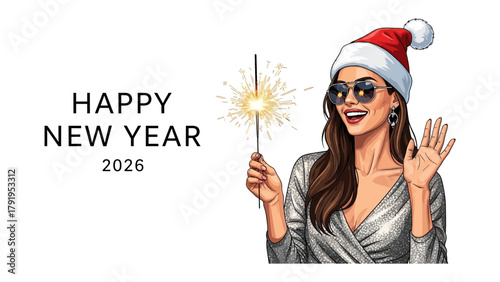 Happy New Year 2026: A cheerful illustration of a woman in Santa hat celebrating New Year with sparkler and sunglasses. 