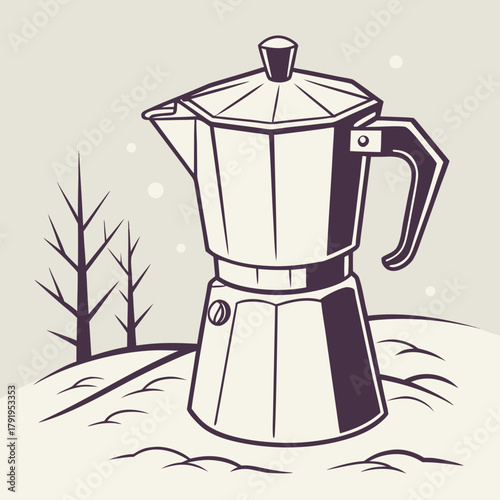 A moka pot sits on a snowy hill with bare trees