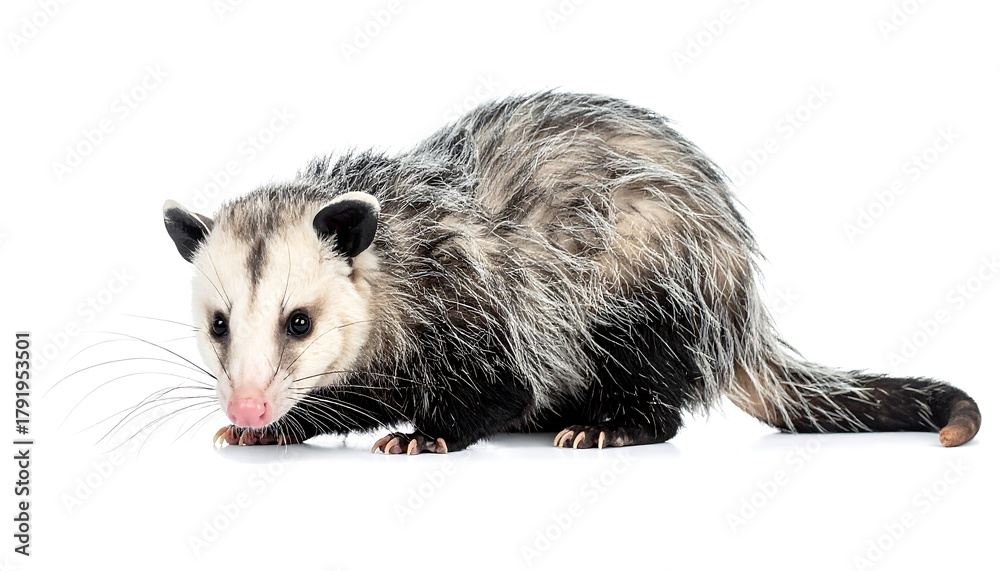 Obraz premium A small opossum with gray and white fur sits on a white surface