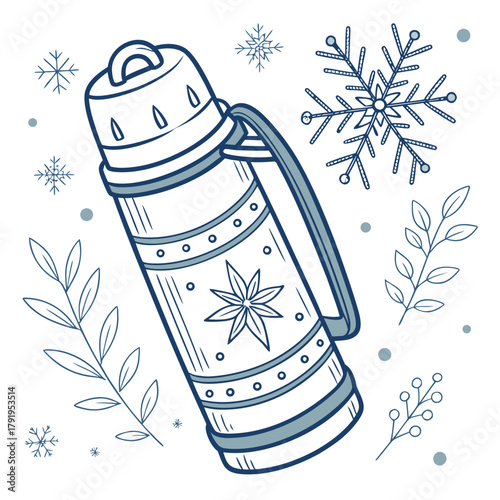 Illustration of a thermos with winter decorations