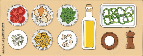 Ingredients for a Delicious Pasta Meal Fresh Vegetables, Pasta, and Olive Oil