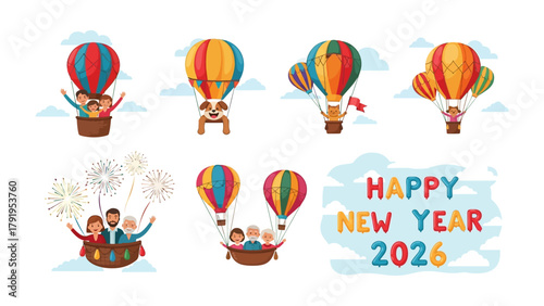  Soaring New Year's: Bright hot air balloons ascend against a serene sky, carrying joyful passengers ready to welcome the year. It's a vivid illustration for New Year's celebrations.