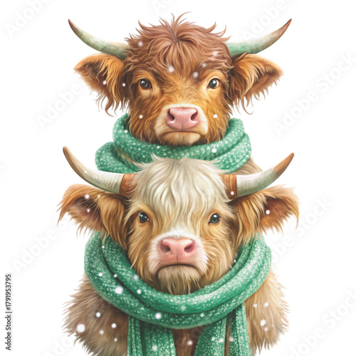 three cute highland cows stacked on top of each other clipart white background 