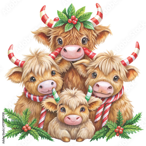 three cute highland cows stacked on top of each other clipart white background 