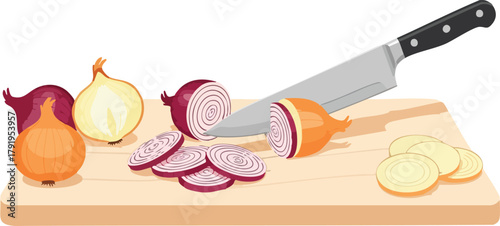 Colorful Onions Sliced on a Cutting Board A Culinary Preparation Scene