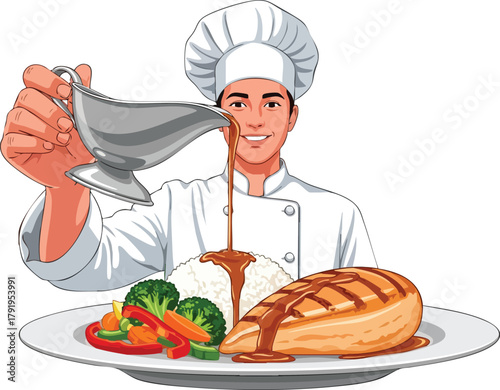 Chef Pouring Sauce on Grilled Chicken and Vegetables Illustration