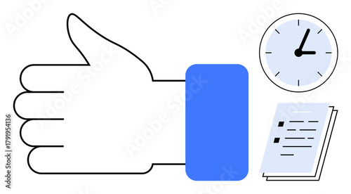 Large thumbs-up hand, classic clock with blue frame, and stacked documents suggest achievement, efficiency, and time prioritization. Ideal for productivity, success, approval, planning time
