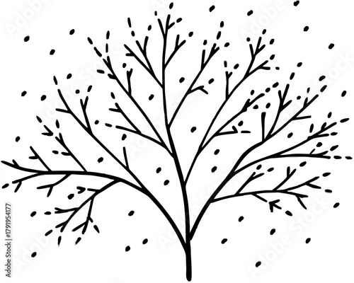 Winter tree with falling snow flakes