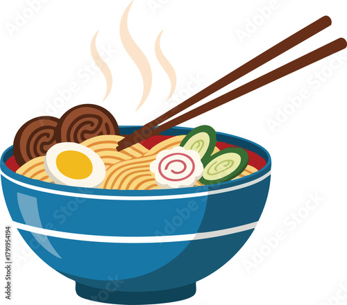 Delicious Ramen Bowl Illustration with Noodles, Egg, and Vegetables
